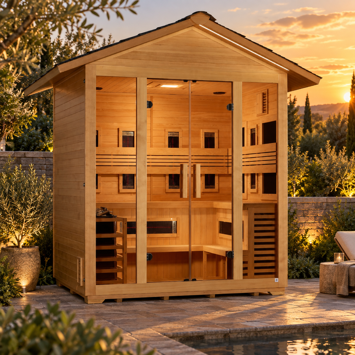 Golden Designs Gargellen GDI-8125-01 outdoor hybrid sauna in a luxury garden setting at sunset