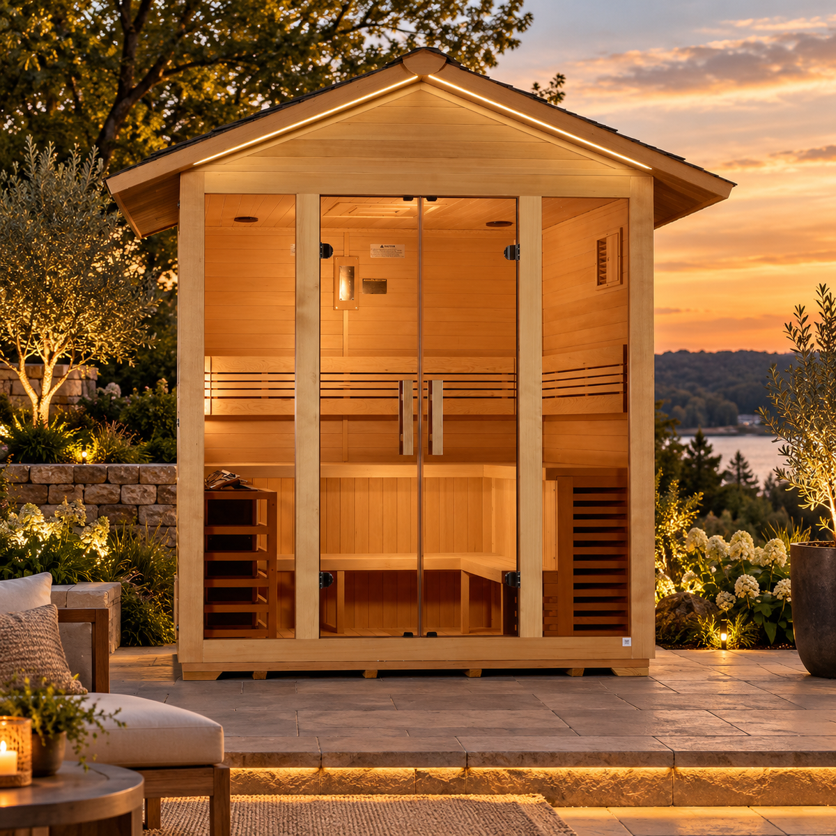Golden Designs Vorarlberg GDI-8105-01 5-person outdoor traditional sauna in a lakeside sunset setting