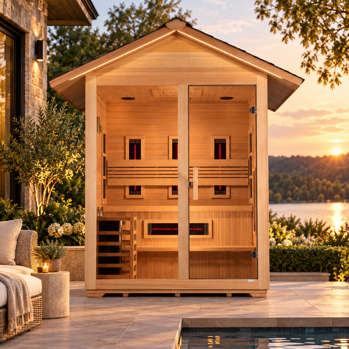 Golden Designs Carinthia GDI-8123-01 3-person outdoor hybrid sauna in a luxury lakeside sunset setting
