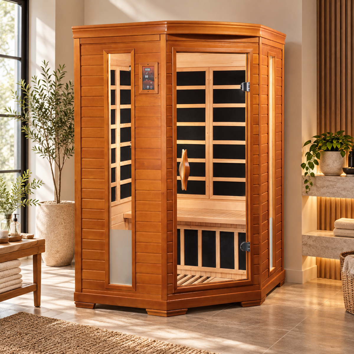 Dynamic Heming Elite DYN-6225-02 2-person Ultra Low EMF infrared sauna lifestyle view in a modern home wellness room