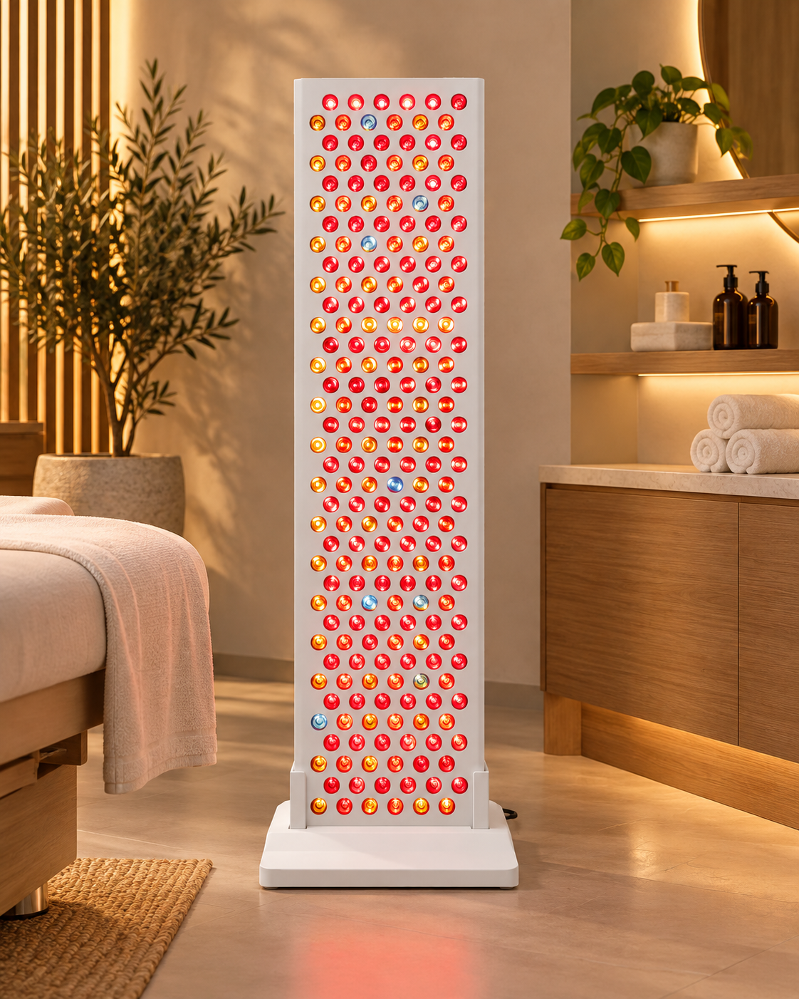 Vital Elite 2.0 full body red light therapy panel in a serene spa room on optional Bootstand 2.0, front view