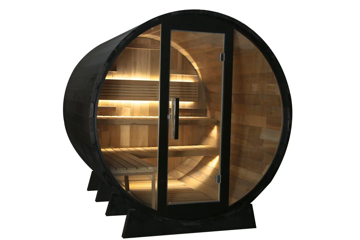 Bropool BP-BS2124 black barrel outdoor sauna, complete product view