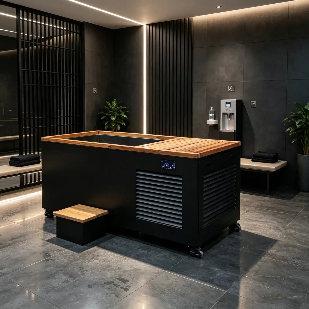Recovery Legacy CT-14 integrated stainless-steel cold plunge in a styled relaxation space