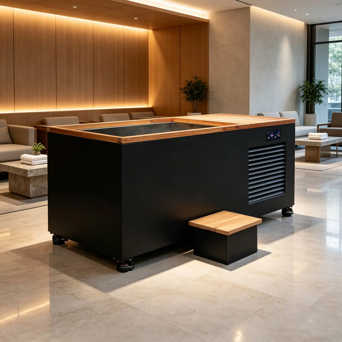 Recovery Legacy CT-14 rectangular cold plunge with dark equipment cabinet in a contemporary wellness setting