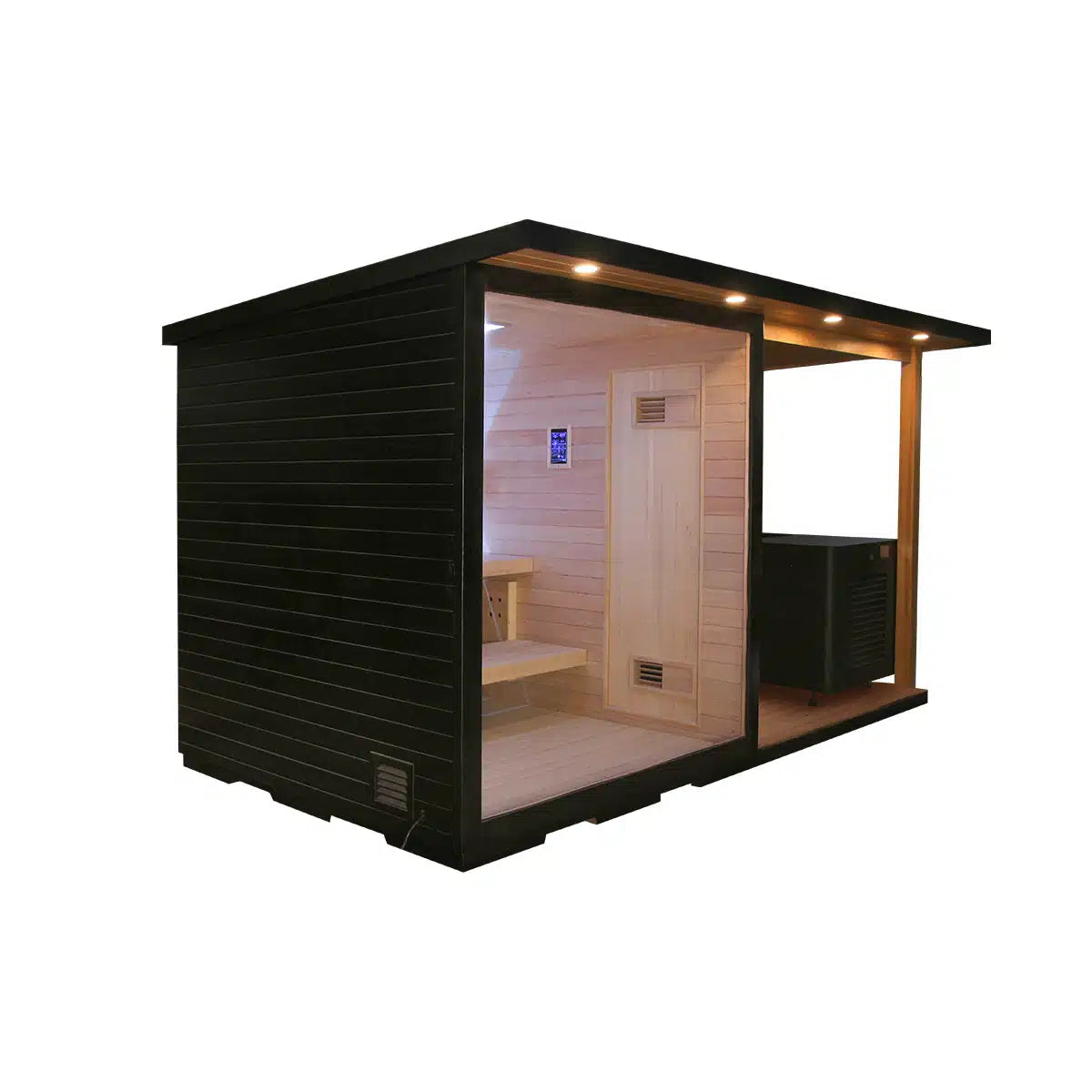 Bropool OS-1109 outdoor sauna with covered porch, angled side view