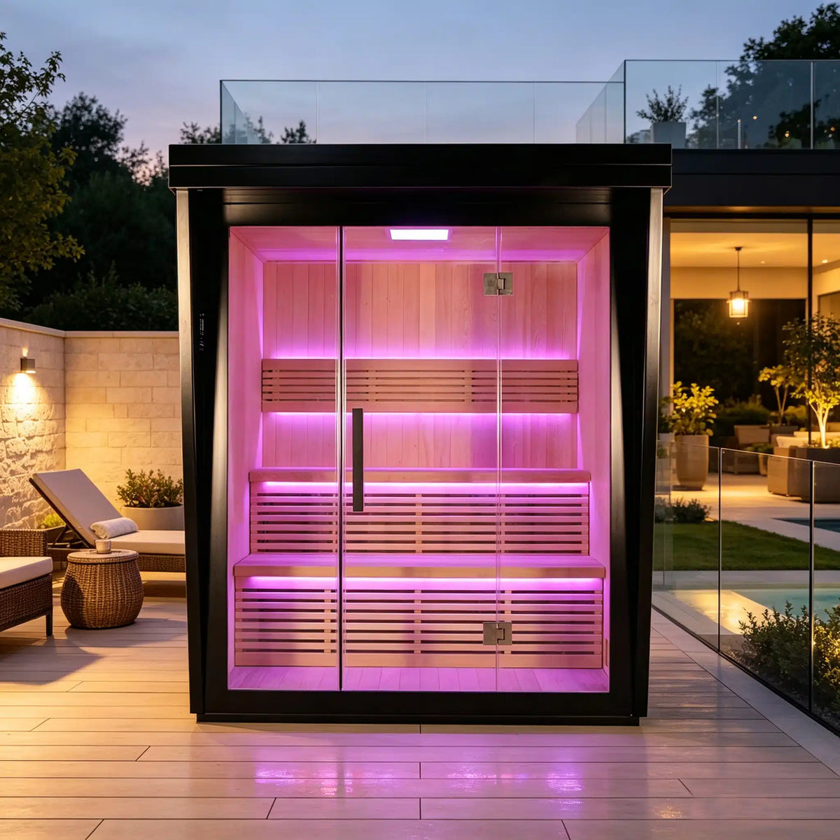 Bropool OS-1200 glass-front outdoor sauna, shown in an alternate outdoor setting