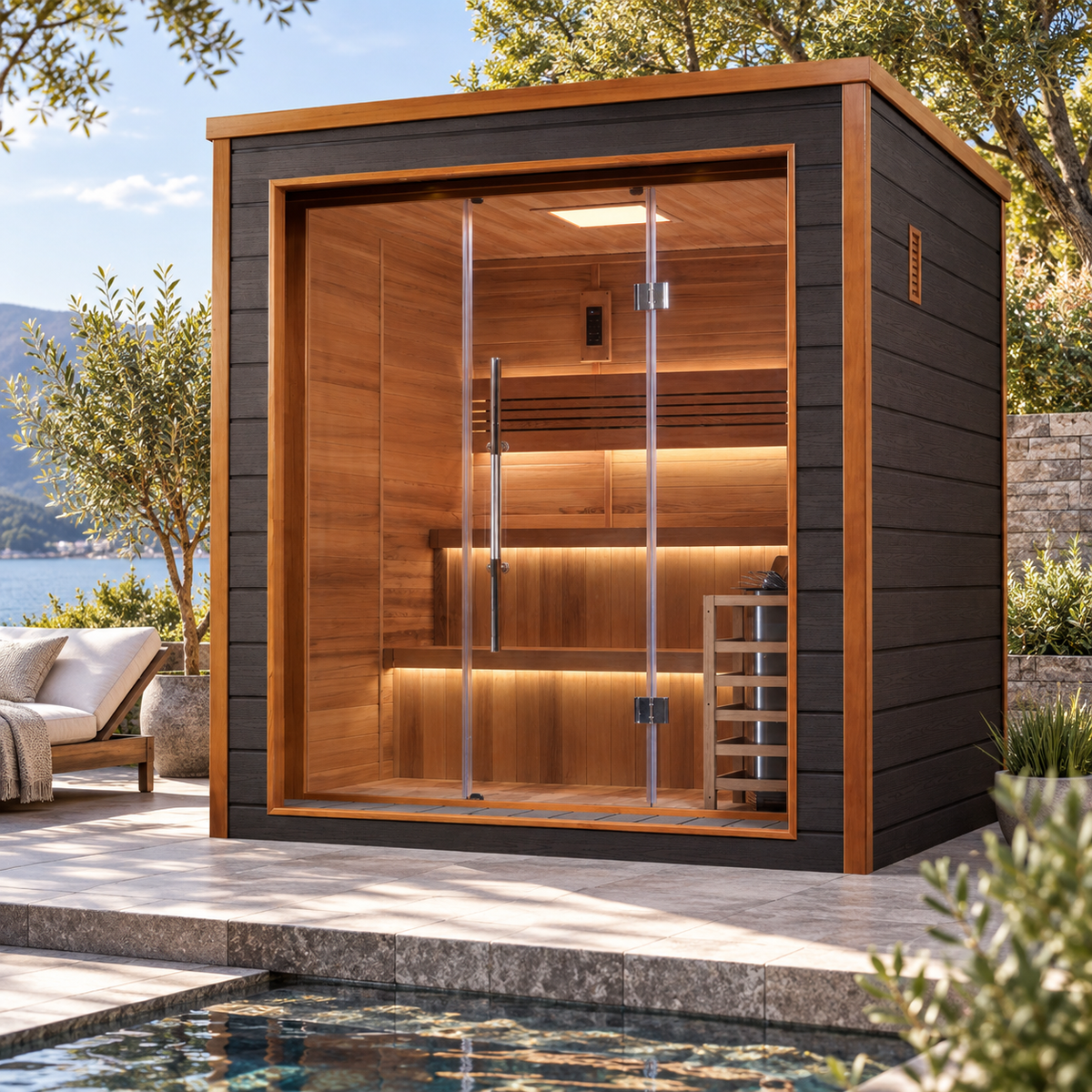 Golden Designs Bergen GDI-8206-01 6-person traditional sauna in a modern covered patio setting