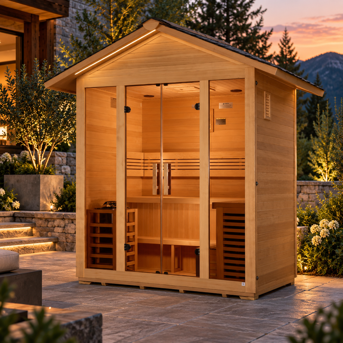 Golden Designs Vorarlberg GDI-8105-01 5-person outdoor traditional sauna in a luxury sunset patio setting