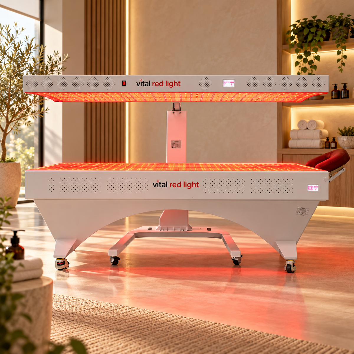 Vital Bed commercial full body red light therapy system in a dark spa treatment room