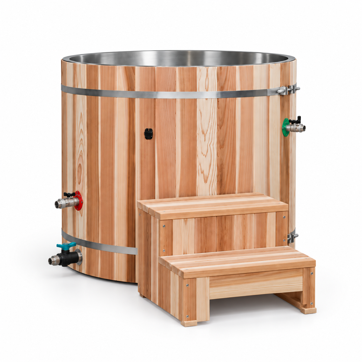 Dynamic Cold Therapy Pacific Cedar barrel cold plunge with cedar entry steps