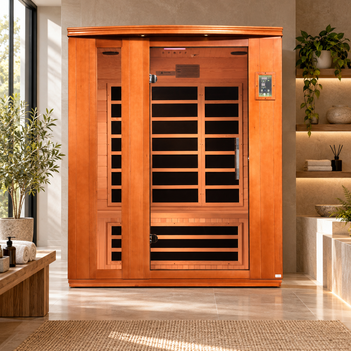 Dynamic Lugano Elite DYN-6336-02 3-person Ultra Low EMF infrared sauna lifestyle view in a modern home wellness room