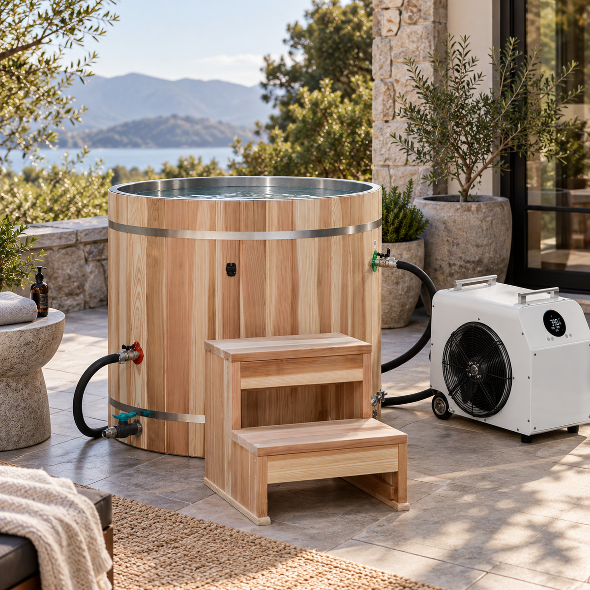 Dynamic Cold Therapy Pacific Cedar barrel cold plunge outdoor lifestyle view