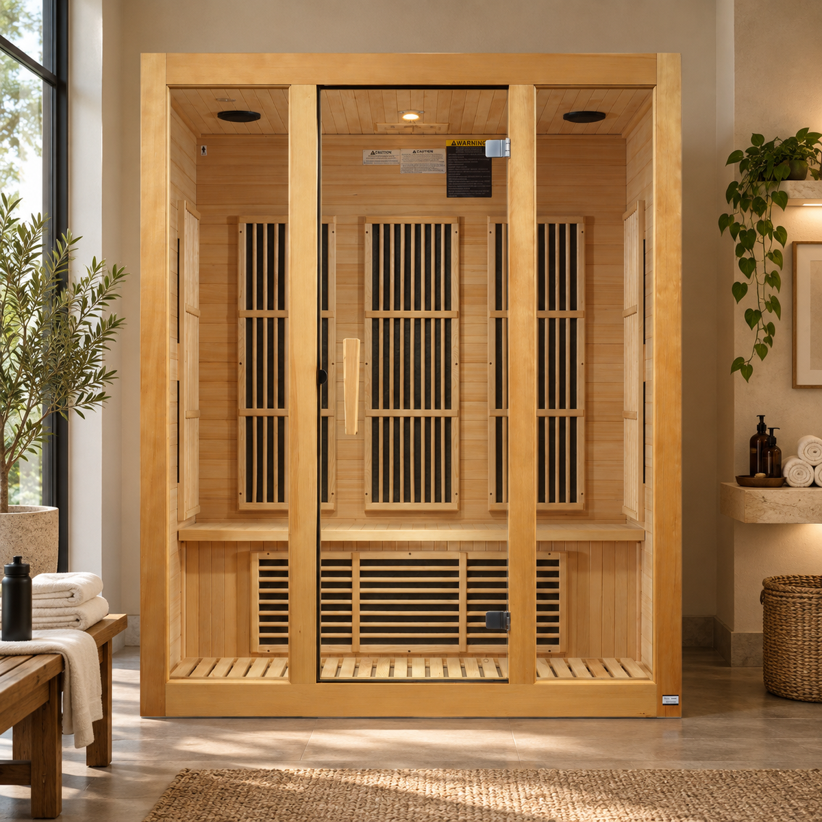 Maxxus Bellevue MX-J306-01 3-person Low EMF infrared sauna in a modern home wellness room, front-left view