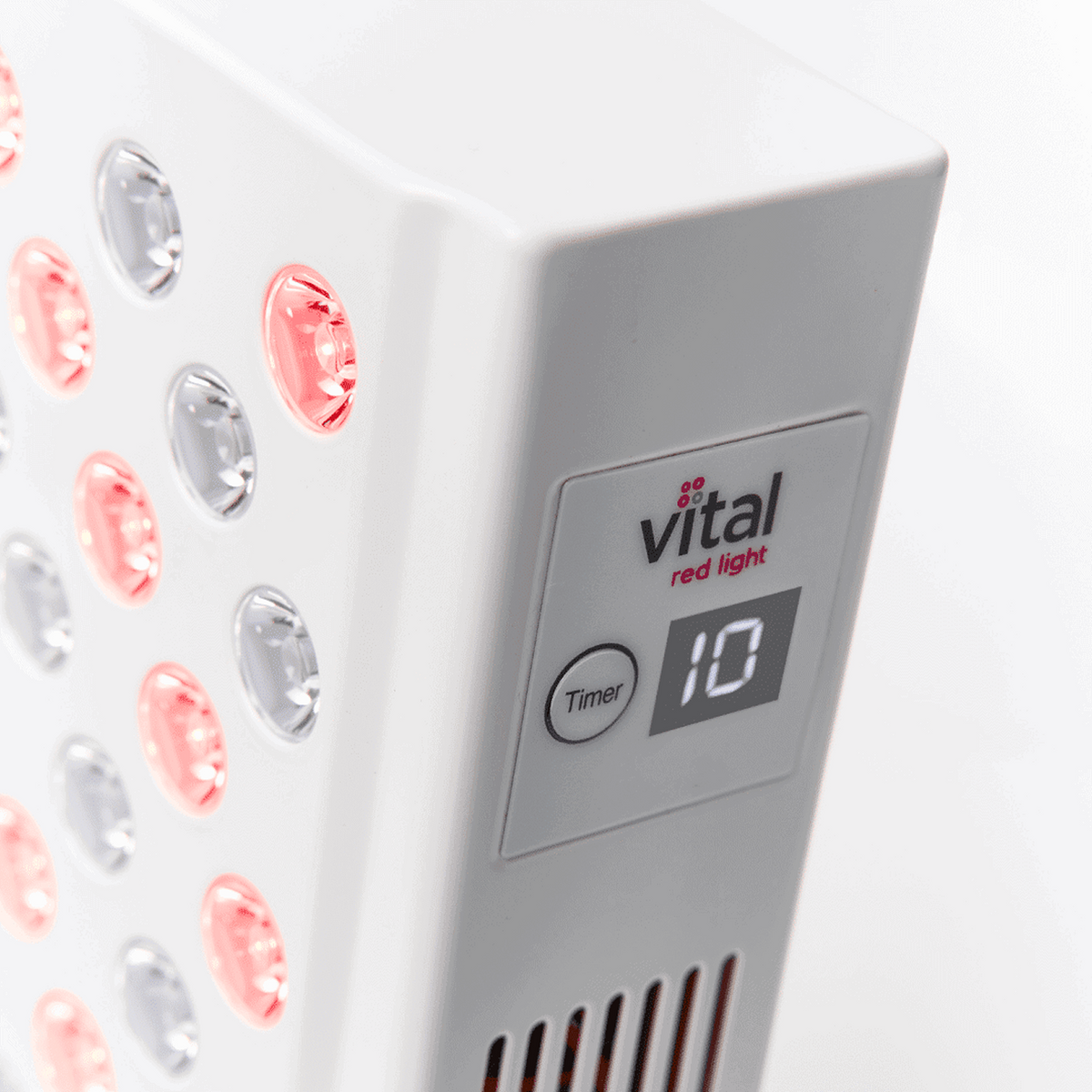 Vital Pro red light therapy panel 10-minute timer control detail