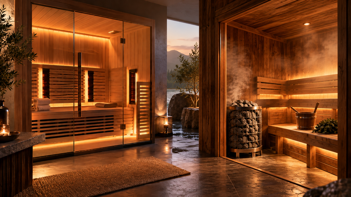 Side-by-side luxury infrared sauna and traditional sauna with stone heater