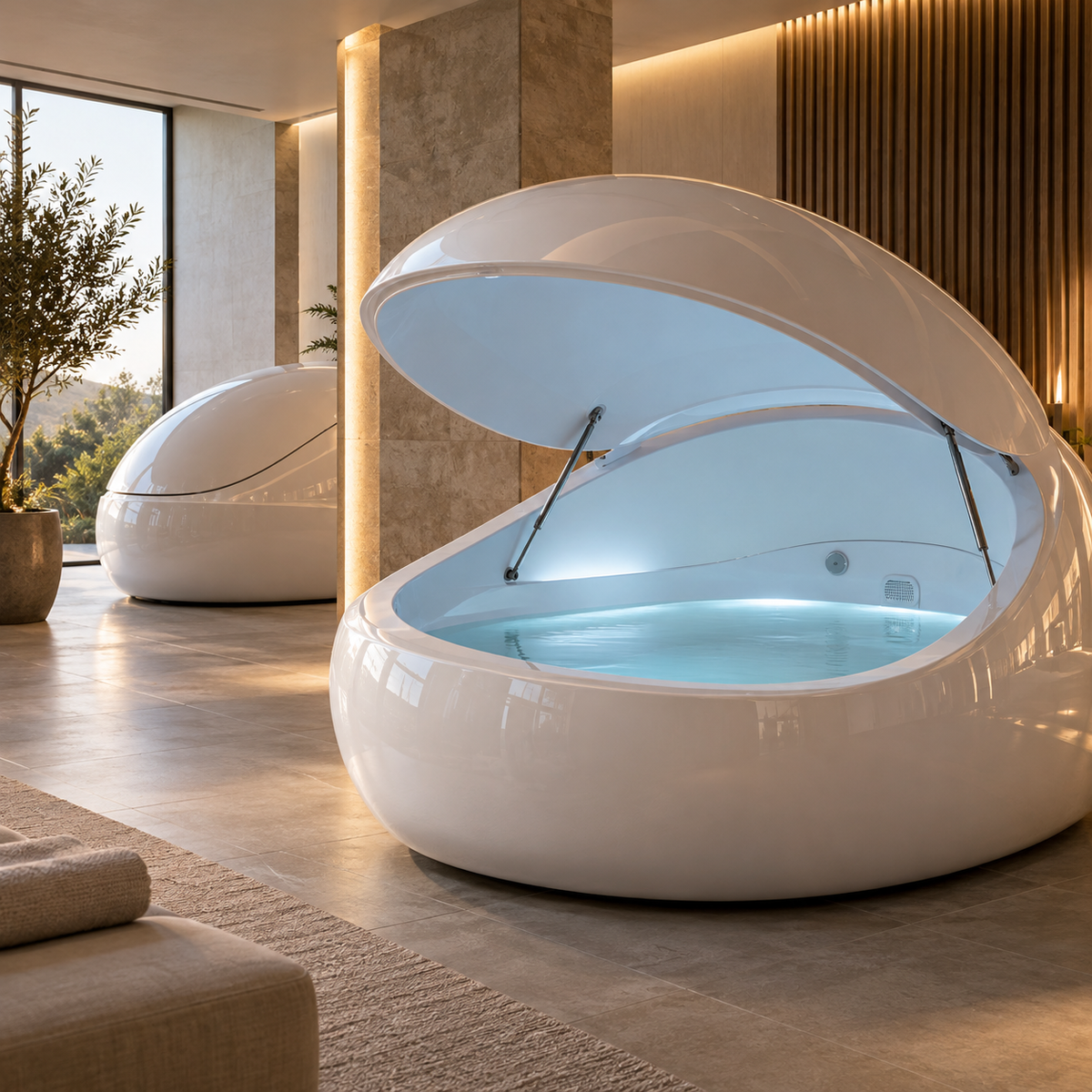 Luxury float pod in a premium wellness room for the Recovery Legacy Float Tanks collection