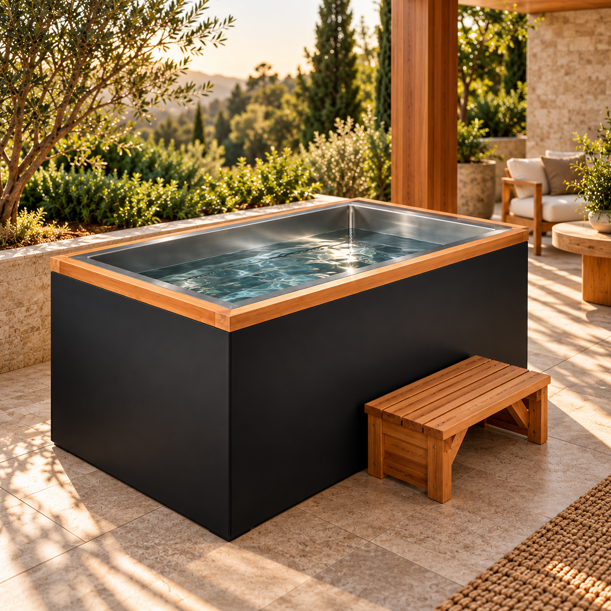 Dynamic Cold Therapy Cuboid Cold Plunge with Pacific Cedar entry step