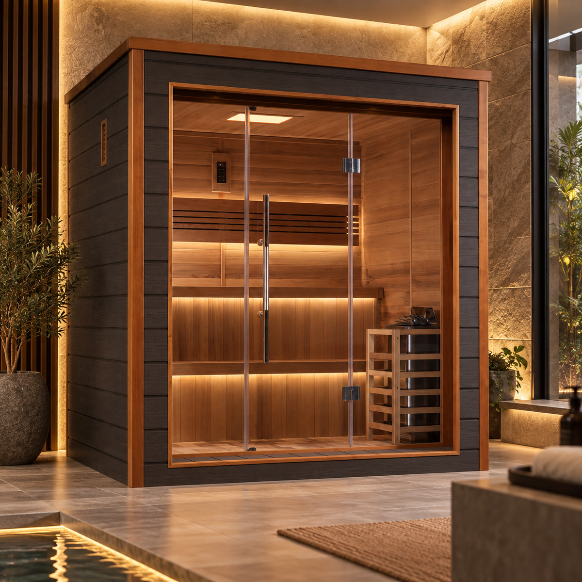 Golden Designs Bergen GDI-8206-01 6-person traditional sauna in a luxury outdoor sunset setting
