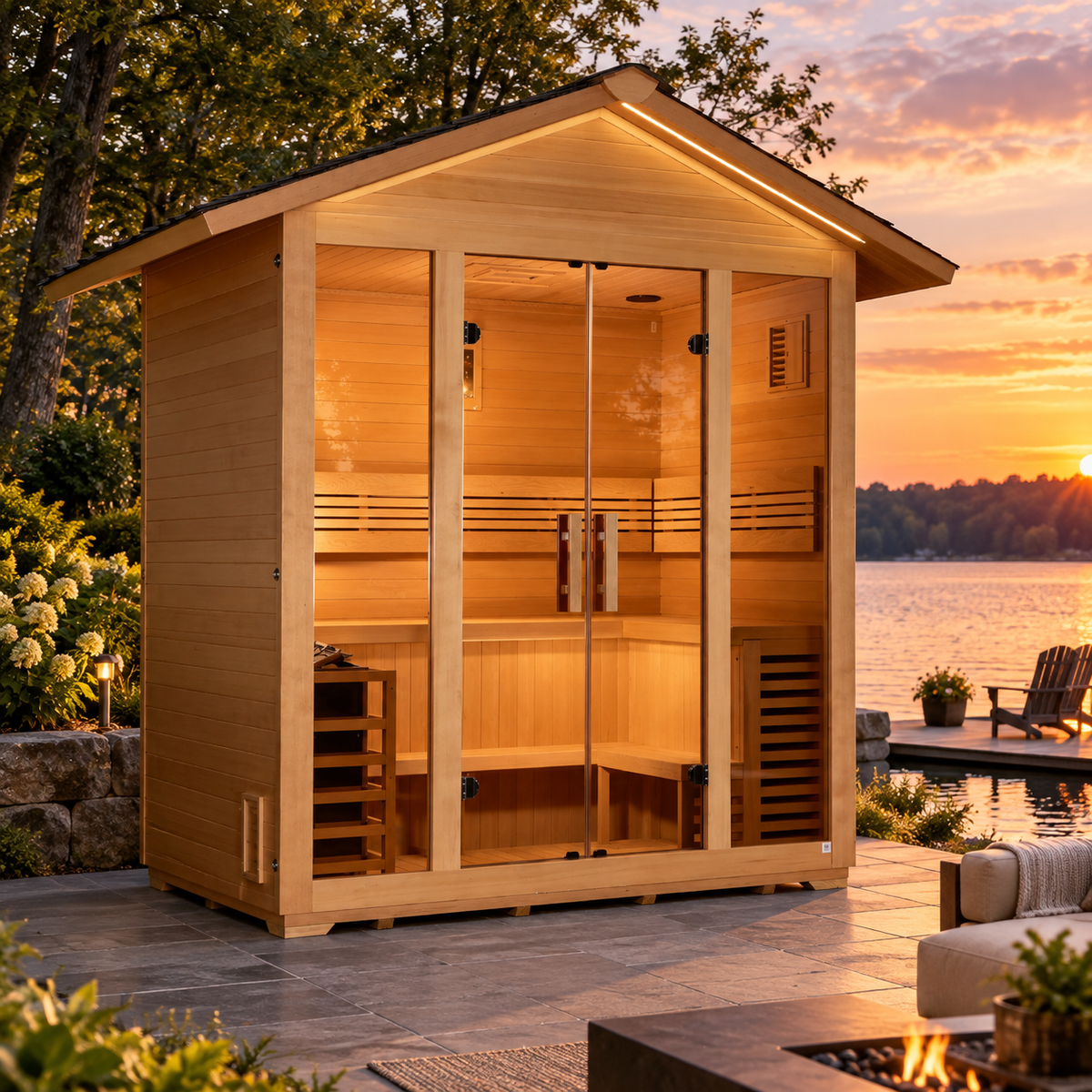 Golden Designs Vorarlberg GDI-8105-01 5-person outdoor traditional sauna in a landscaped mountain retreat setting