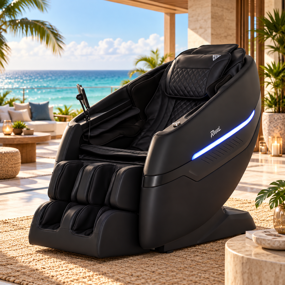 Floridian massage chair in black in an ocean-view room