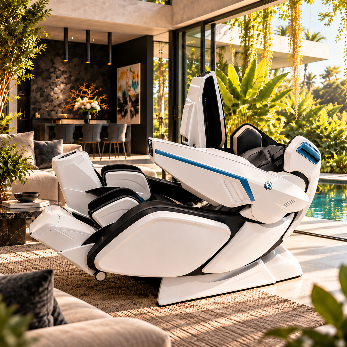 360massage Weltron massage chair in white and black beside a pool