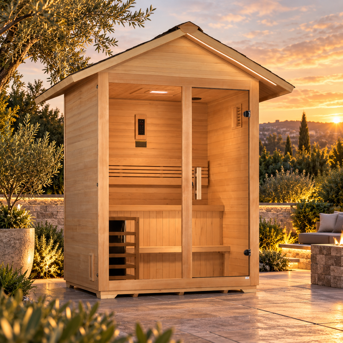 Golden Designs Arlberg GDI-8103-01 3-person outdoor traditional sauna in a lakeside sunset setting