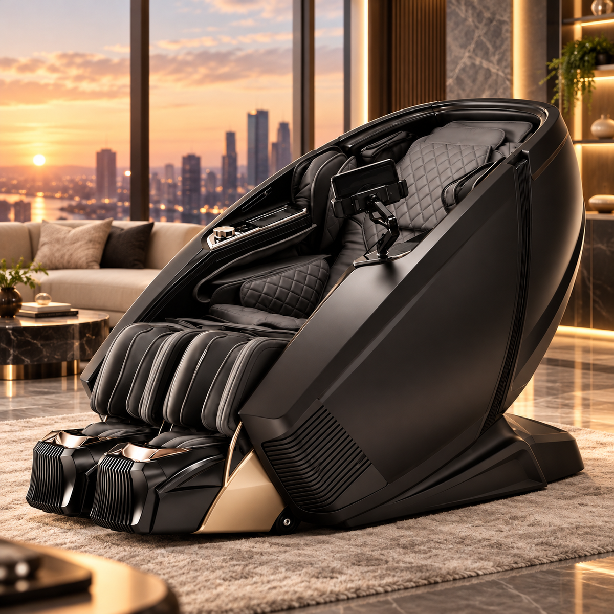 360massage Auren massage chair in black beside a city-view window
