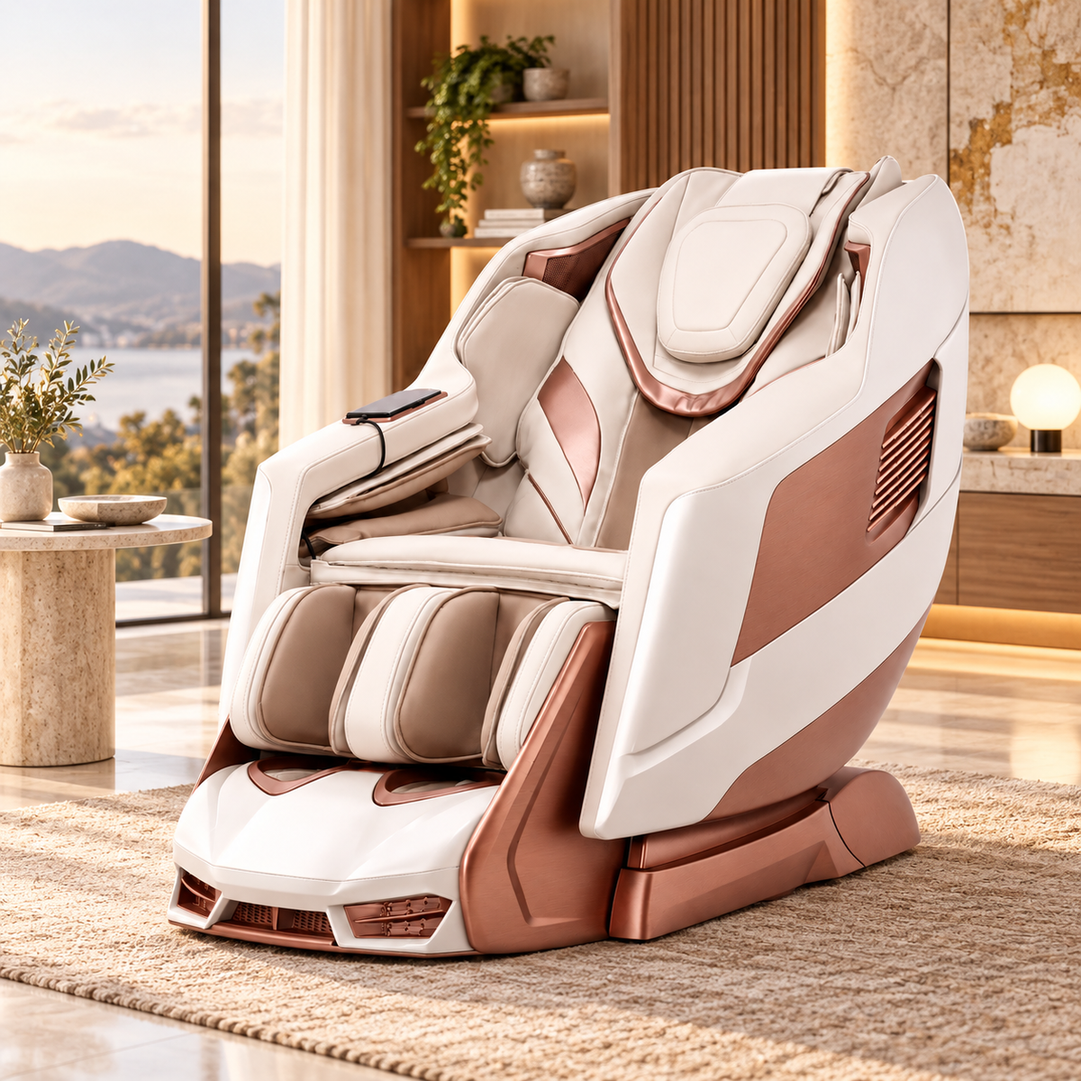 360massage Ayla massage chair in pink and white in a furnished room