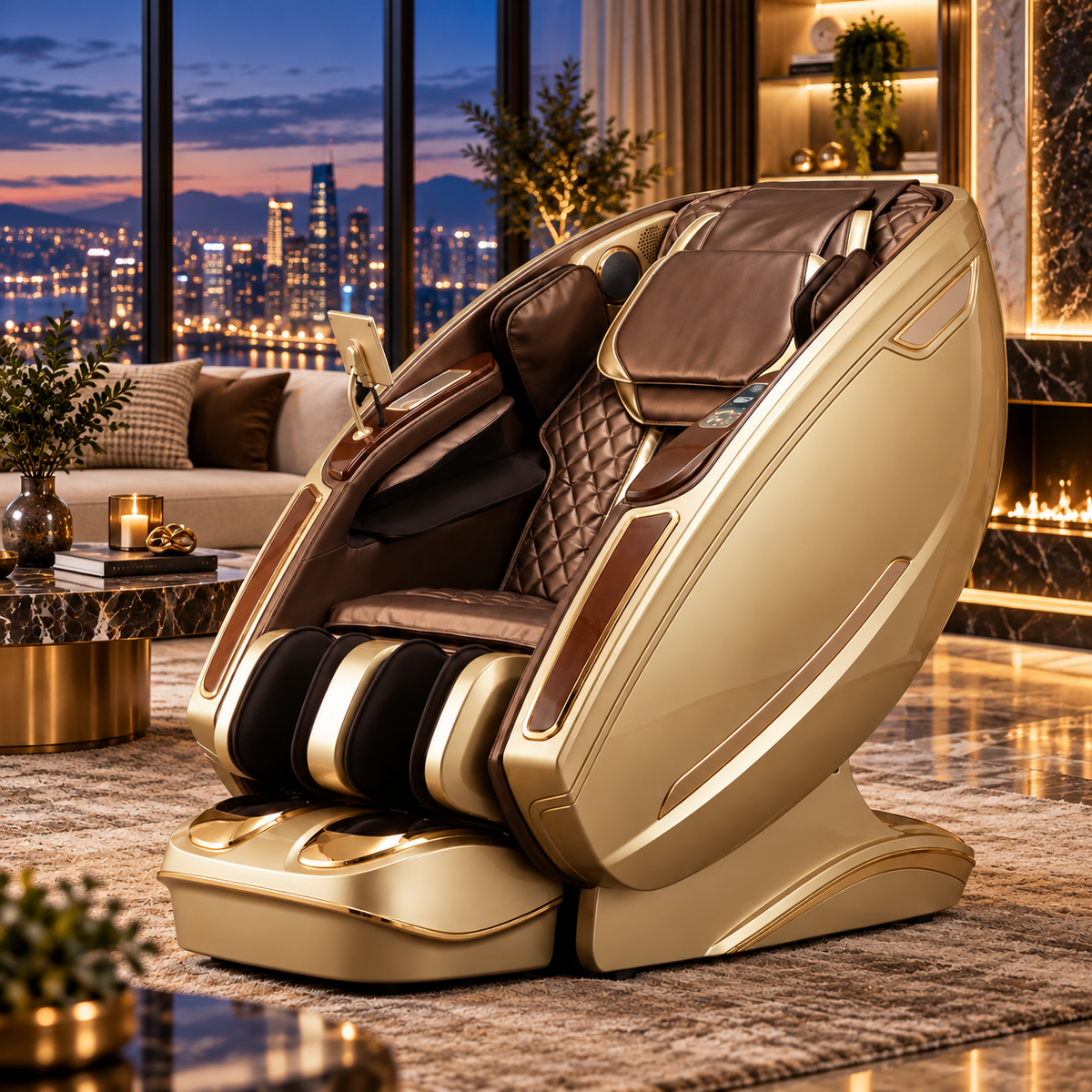 360massage Rayan massage chair in bronze beside a city-view window