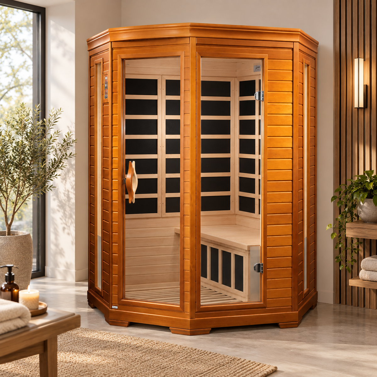 Dynamic Heming Elite DYN-6225-02 2-person Ultra Low EMF infrared sauna alternate lifestyle view in a modern home wellness room