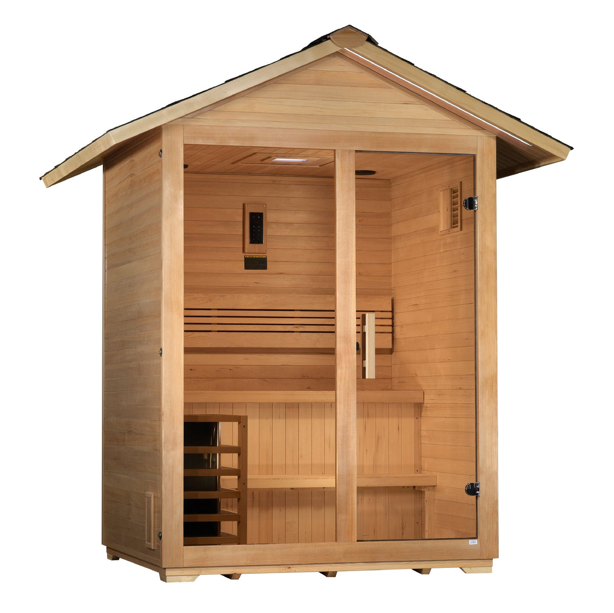 Golden Designs Arlberg GDI-8103-01 3-person outdoor traditional sauna front three-quarter view