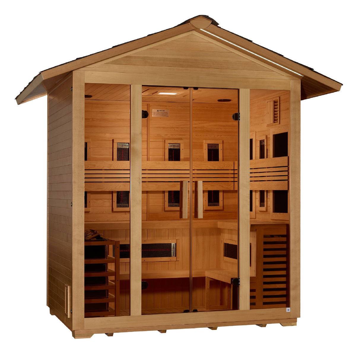Golden Designs Gargellen GDI-8125-01 5-person outdoor hybrid sauna front three-quarter view