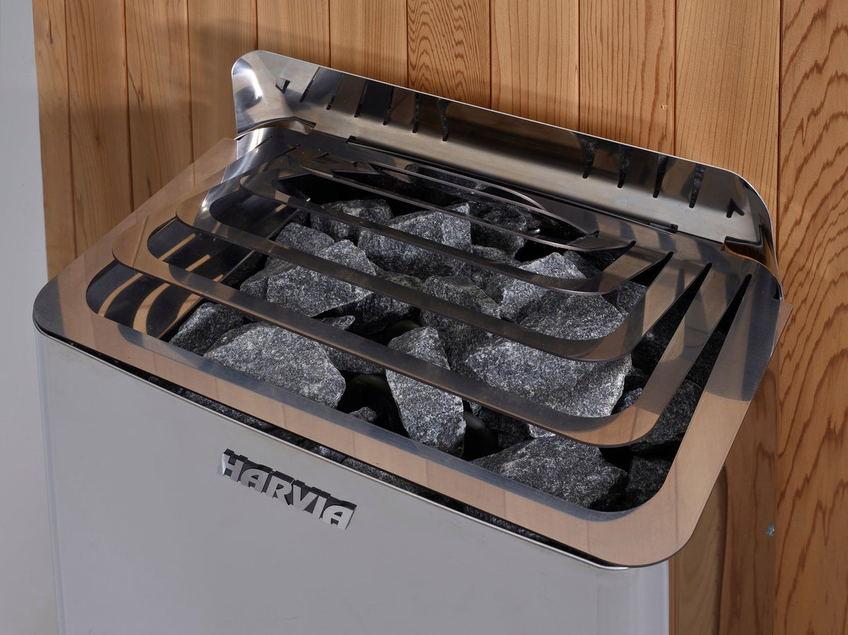 Golden Designs Vorarlberg Harvia heater and wood safety guard close-up