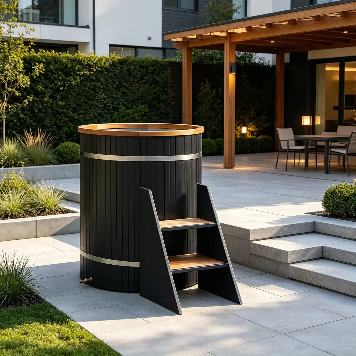 Bropool CT-06 round black WPC cold plunge, shown in a lifestyle setting