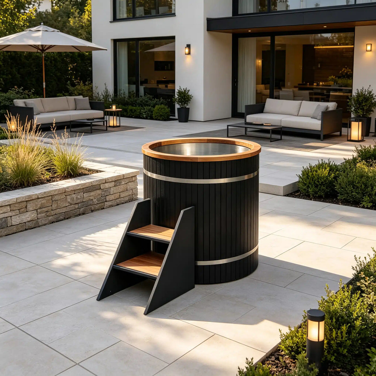 Bropool CT-06 round black WPC cold plunge, shown in a second alternate lifestyle setting