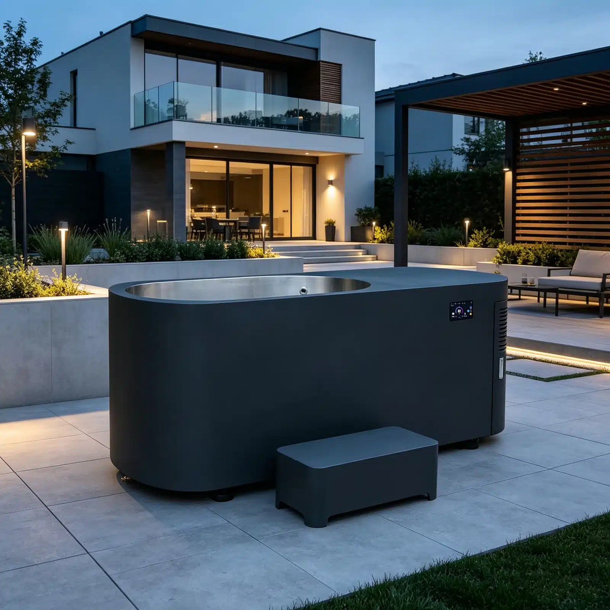 Bropool CT-21 integrated oval cold plunge, shown in a terrace setting