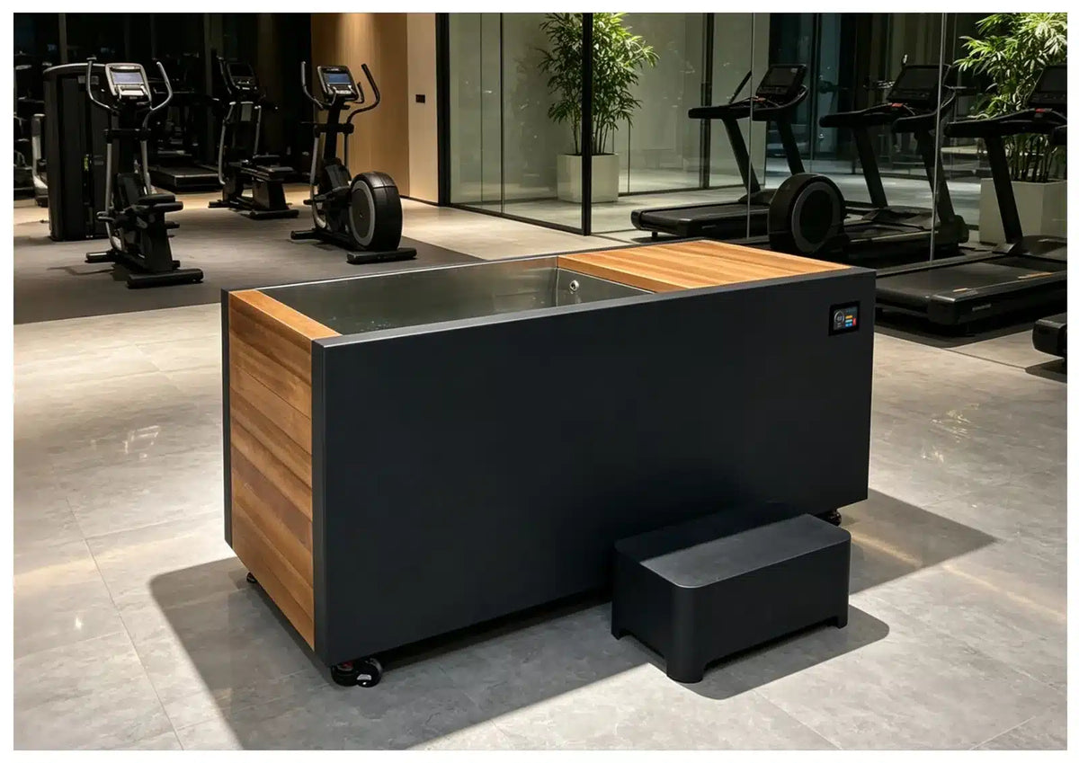 Bropool CT-24-02 black rectangular cold plunge with stainless-steel tub and integrated equipment cabinet