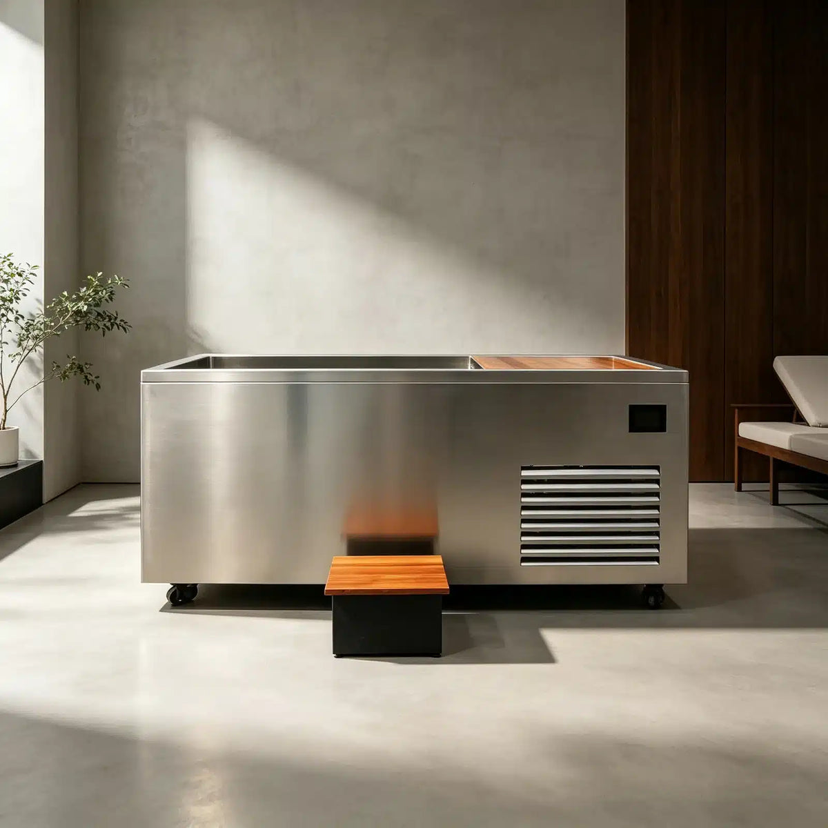 Bropool CT-26 integrated stainless steel cold plunge, shown in a lifestyle setting