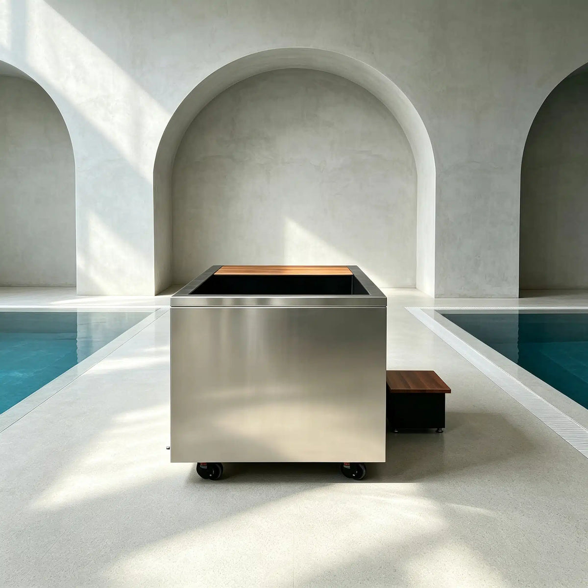 Bropool CT-26 integrated stainless steel cold plunge, shown in an alternate lifestyle setting