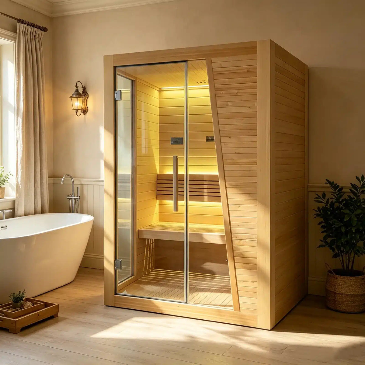 Bropool IS-1501 hemlock traditional indoor sauna, shown in an interior setting