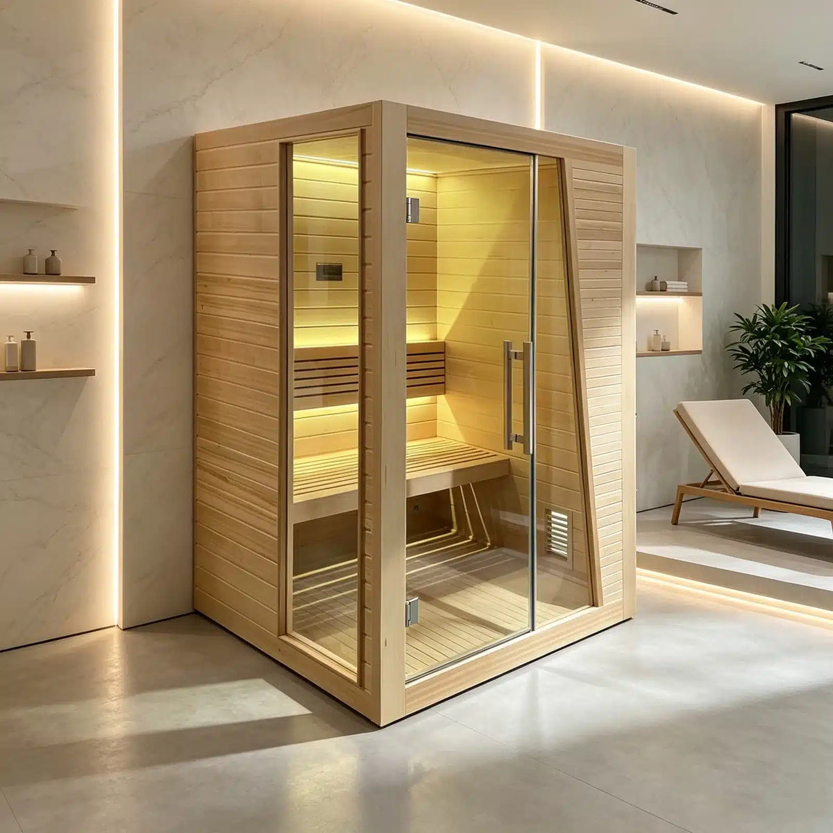 Bropool IS-1501 hemlock traditional indoor sauna, shown in an alternate interior setting