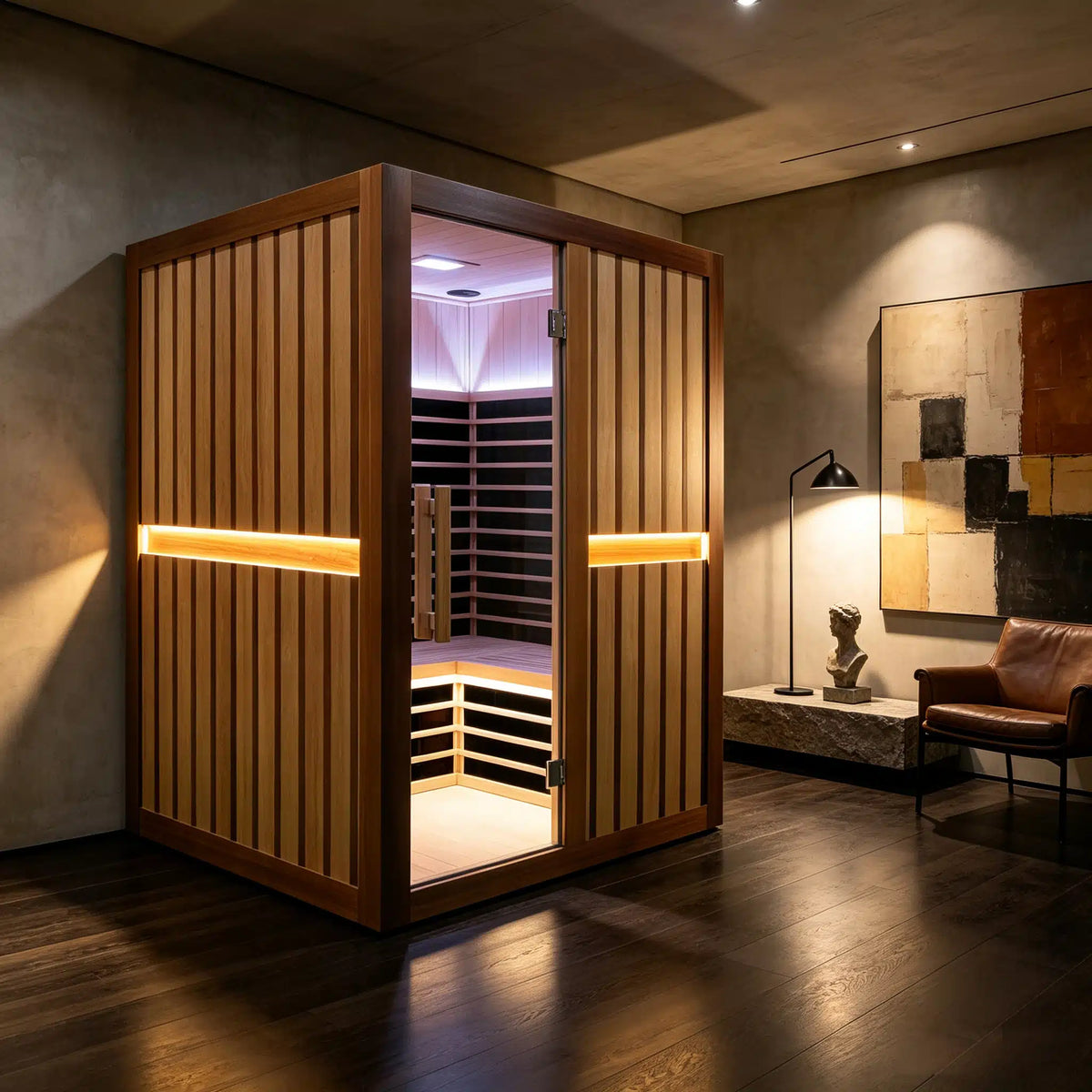 Bropool IS-1504 far-infrared indoor sauna with wood-slatted exterior and glass entry in a furnished room