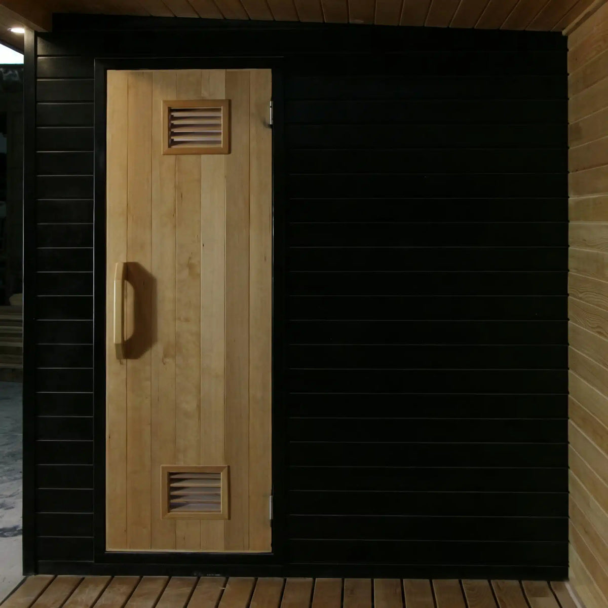 Bropool OS-1109 outdoor sauna with covered porch, close-up exterior detail
