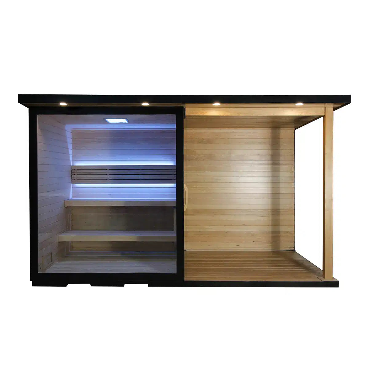 Bropool OS-1109 outdoor sauna with covered porch, front view