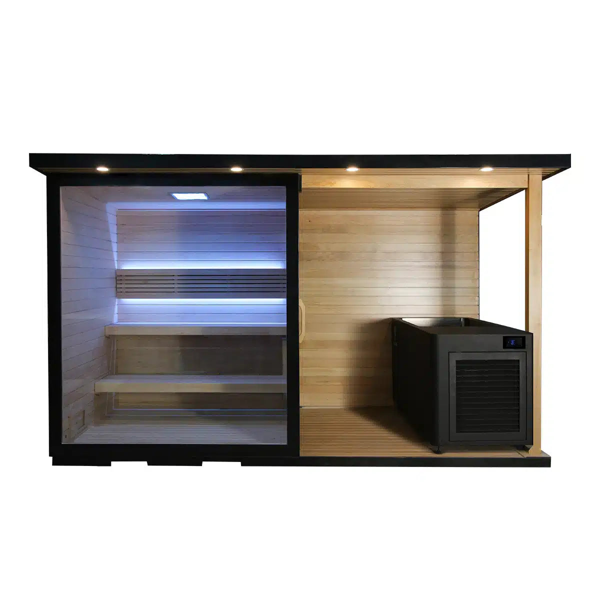 Bropool OS-1109 outdoor sauna with covered porch, angled front view