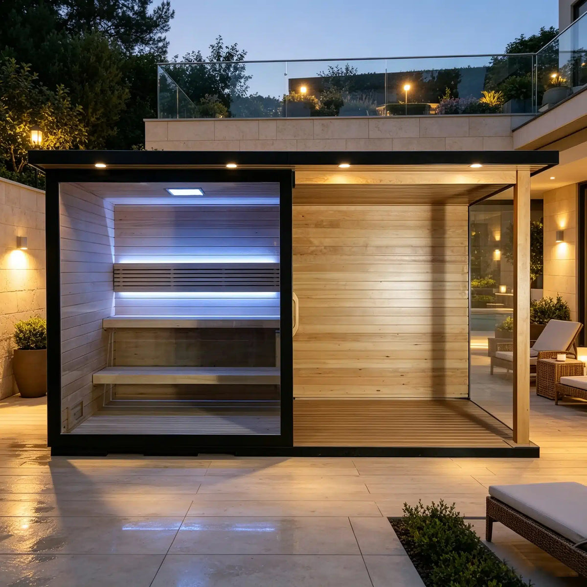 Bropool OS-1109 outdoor sauna with covered porch, shown in an evening outdoor setting
