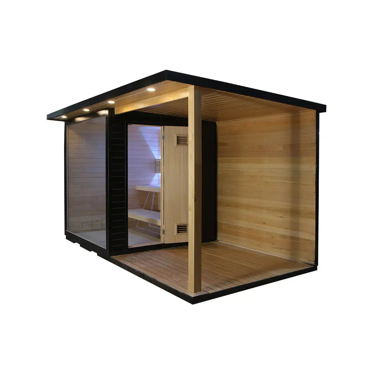 Bropool OS-1109 outdoor sauna with covered porch, side view