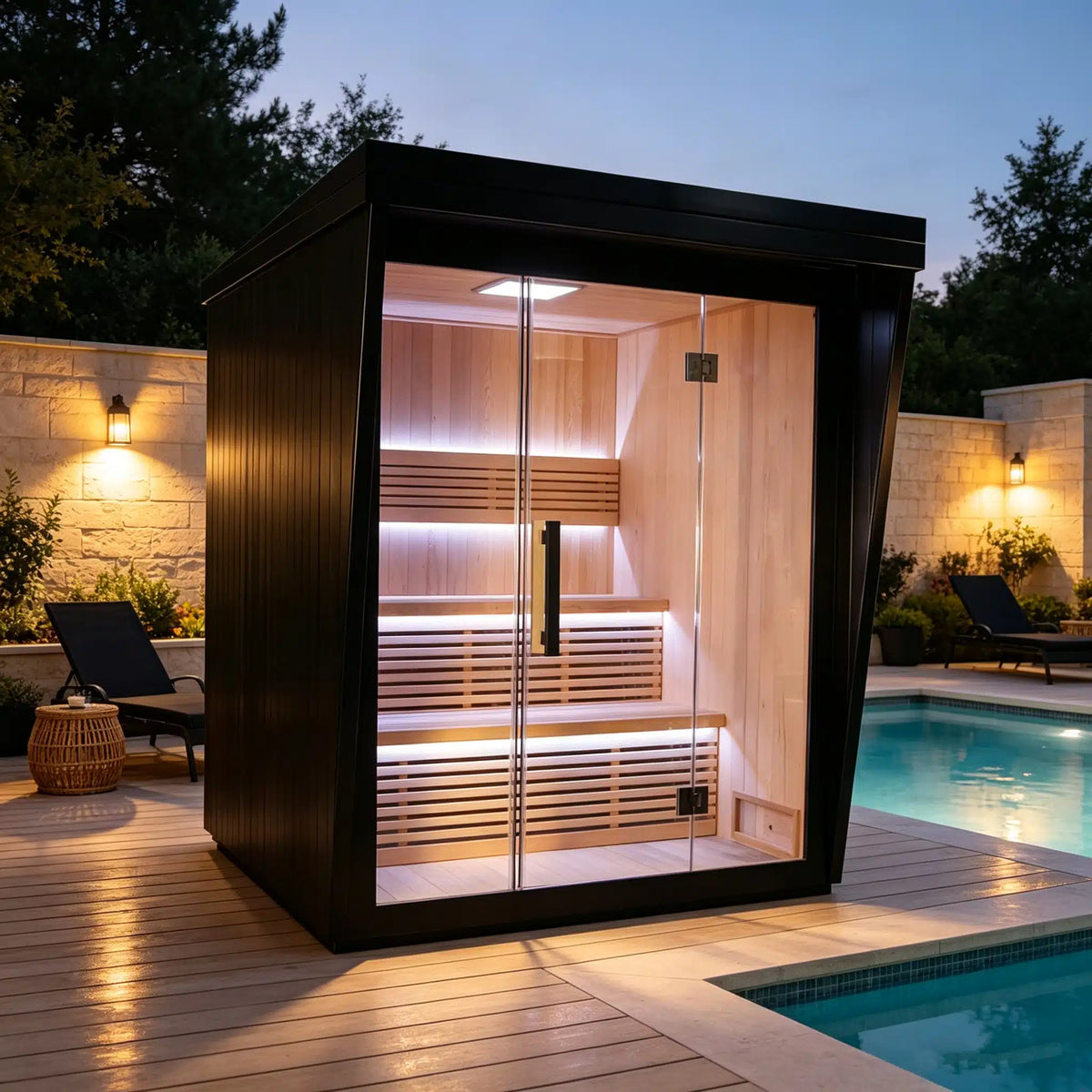Bropool OS-1200 glass-front outdoor sauna, shown in an outdoor lifestyle setting