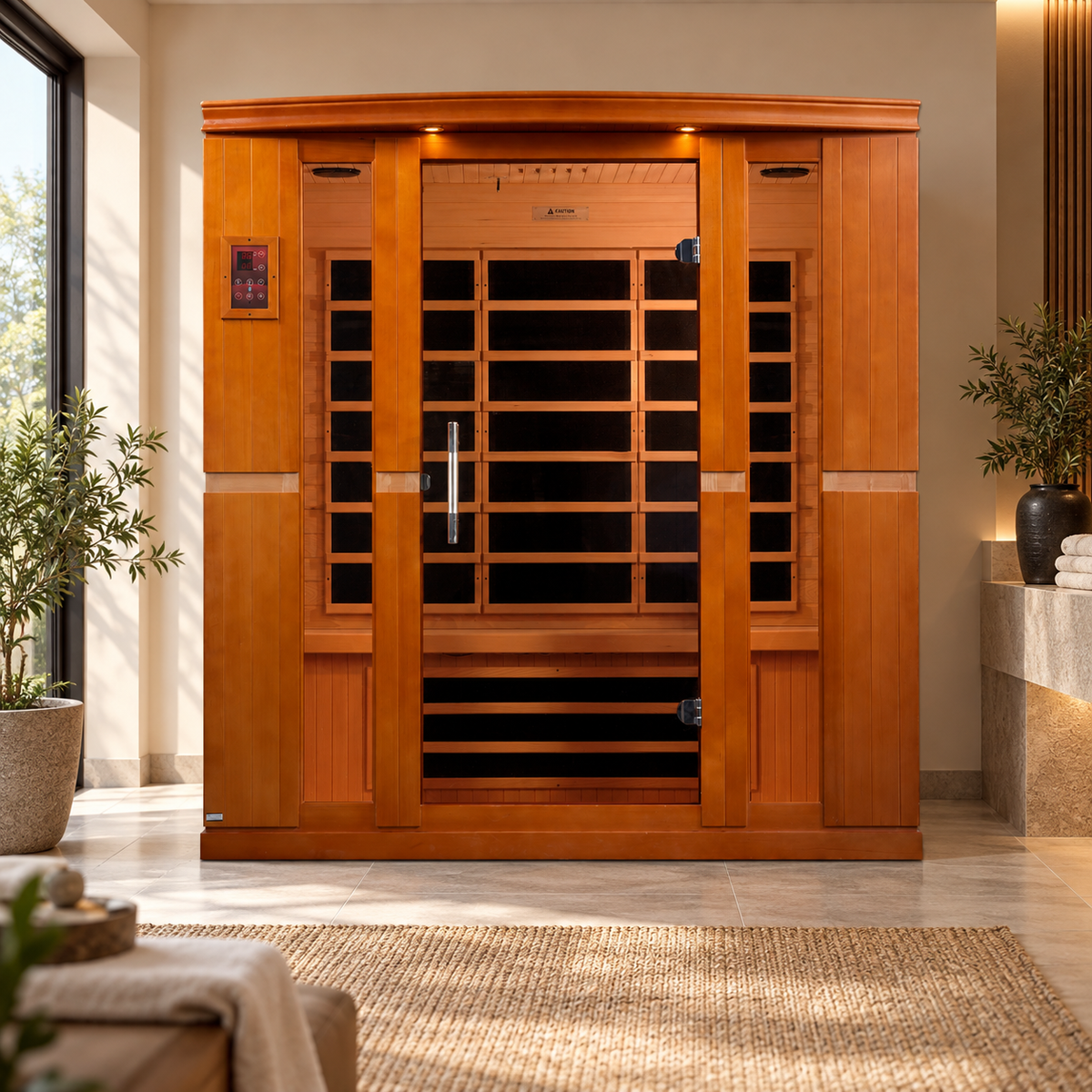 Dynamic Bergamo Elite DYN-6440-01 4-person Ultra Low EMF infrared sauna in a modern home wellness room, front view