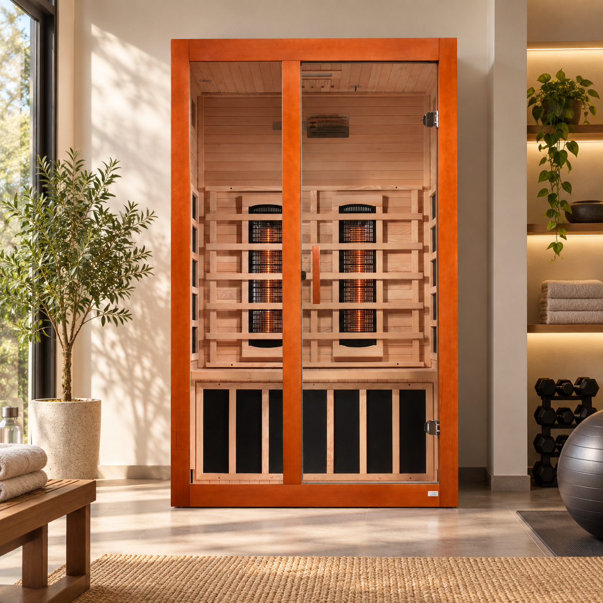 Dynamic Santiago DYN-6209-03 2-person full-spectrum infrared sauna in a modern home wellness room, front view
